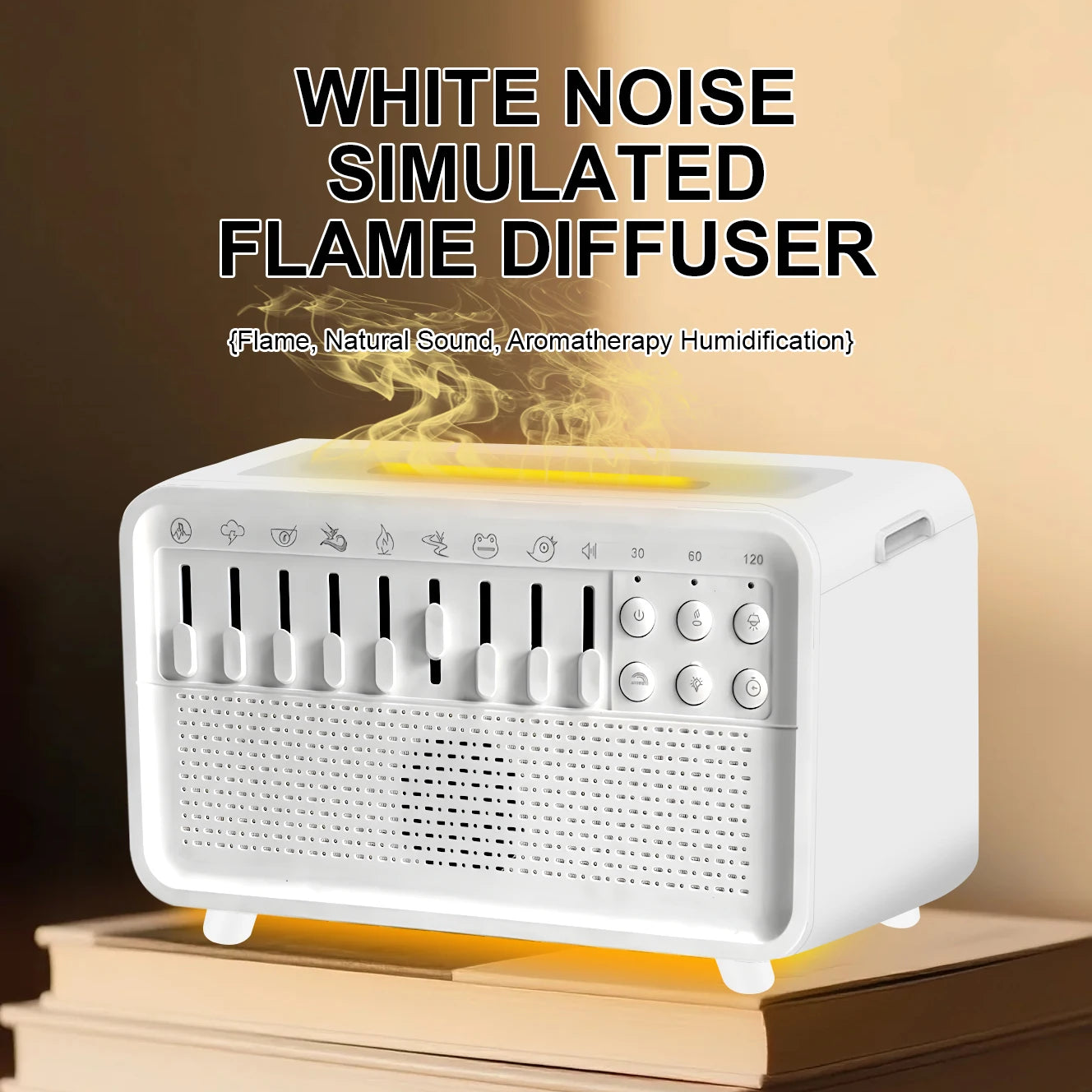Air Diffuser Humidifier White Noise Sound Machine Simulation Flame Night Light with 8 Ambient Sounds Aroma Humidifier for Sleep