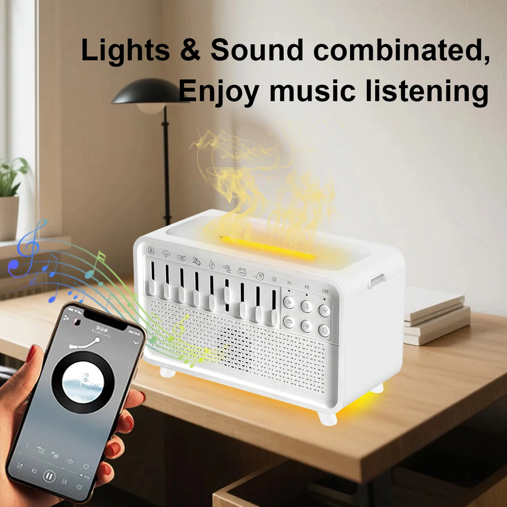 Air Diffuser Humidifier White Noise Sound Machine Simulation Flame Night Light with 8 Ambient Sounds Aroma Humidifier for Sleep