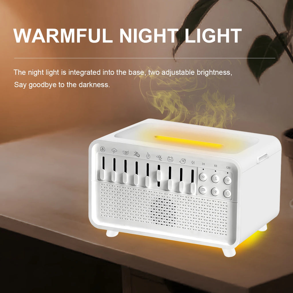 Air Diffuser Humidifier White Noise Sound Machine Simulation Flame Night Light with 8 Ambient Sounds Aroma Humidifier for Sleep