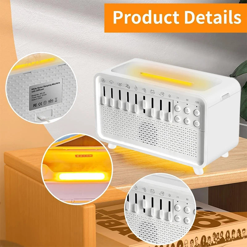Air Diffuser Humidifier White Noise Sound Machine Simulation Flame Night Light with 8 Ambient Sounds Aroma Humidifier for Sleep